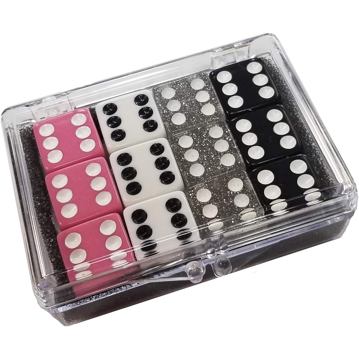 Set of 12 Opaque dice - Pink - White - Black in Acrylic Box