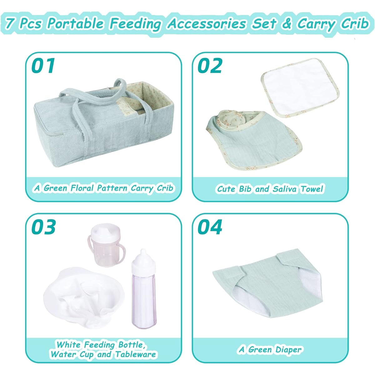 Rakki Dolli Doll Carrier Doll Carry Cot Doll Carry Crib Set Feeding Equipment Feeding & Replacement Accessories 7 Piece Set Fits 16" 18" American Girl Dolls 016
