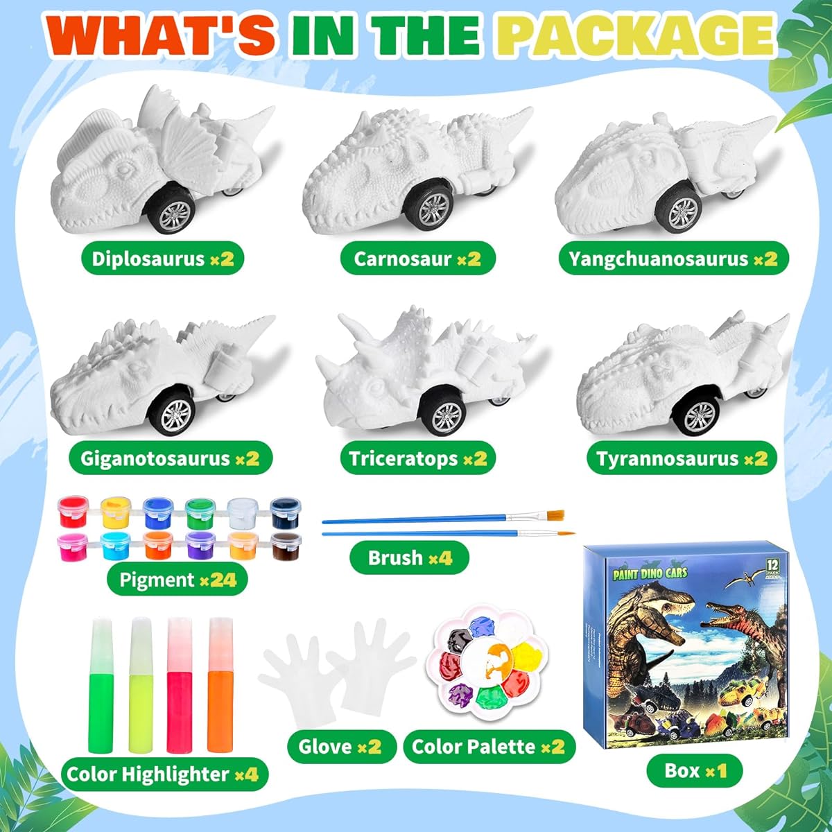 12 Pack Dinosaur Toys DIY Dinosaur Painting Kit Pull Back Cars Toys for Boys Toddlers Girls Arts & Crafts for 6-8 Year Old Kids Christmas Birthday Gifts 3 4 5 6 7 8 9 10 11 12+