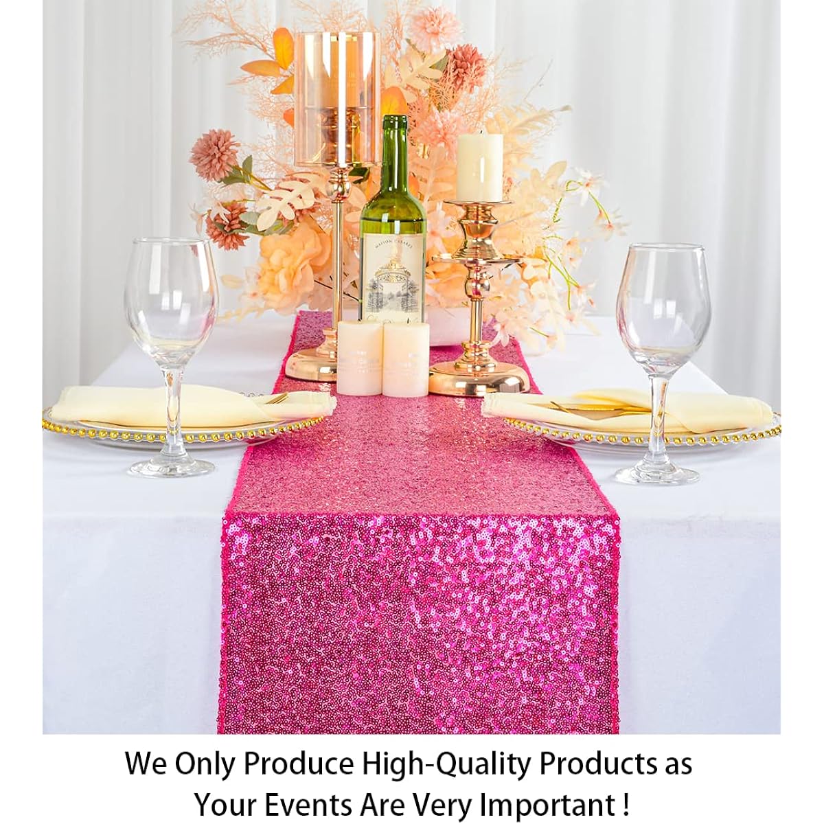ShiDianYi Hot Pink Table Runner Sequin Table Runner Fuchsia 12"x72" Fall Coffee Table Runner Christmas Table Overlay Rustic Banquet Table Cover Decorative Table Runner for Party Fall Dining Table