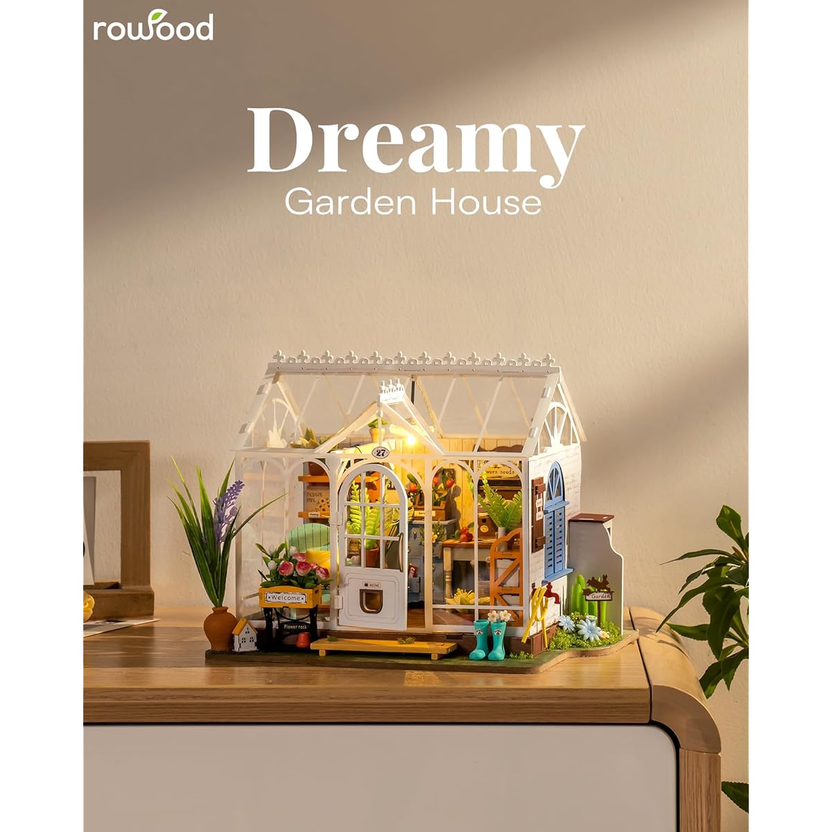 Rowood Wooden Dollhouse DIY Miniature House Kit, Tiny House Kit to Live in, Mayberry Street Craft Model Kit for Adults with LED, Birthday Gift/Home Decoration for Family Friends, Dreamy Garden House