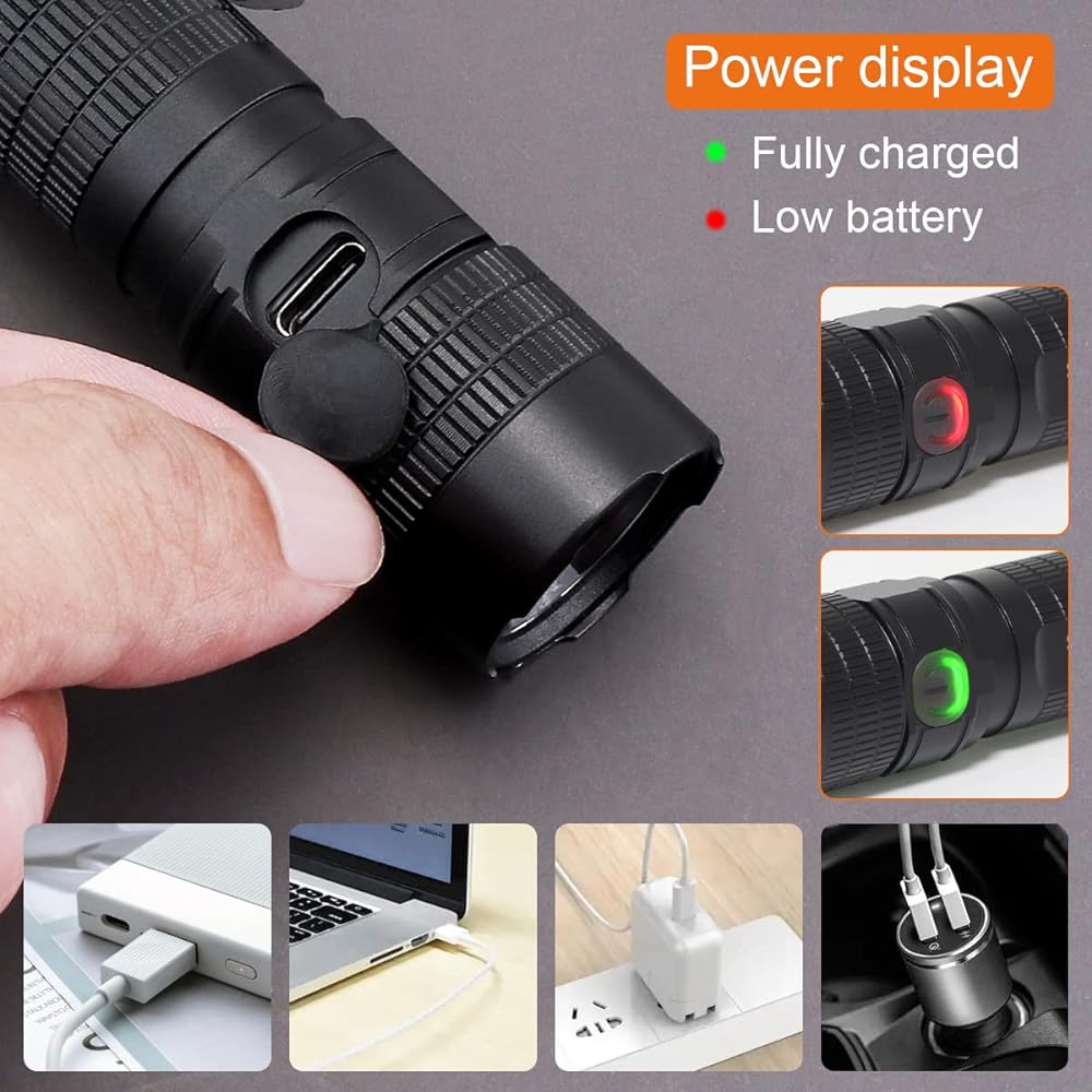 SecurityIng Flashlight, Small, 887 Lumens, Flashlight, Handy Light, Rechargeable, 5 Modes Dimmable Light, Zoom Type, EDC Lantern, Power Indicator, Portable Light, Bright Light, IPX-6 Waterproof,