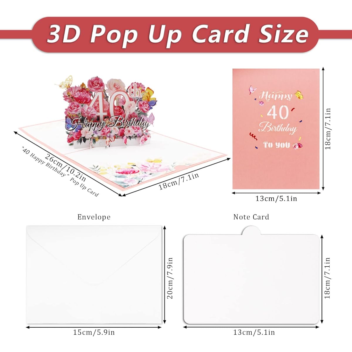 Flower Happy Birthday Pop-up Card Birthday Card with Note and Envelope (40th)
