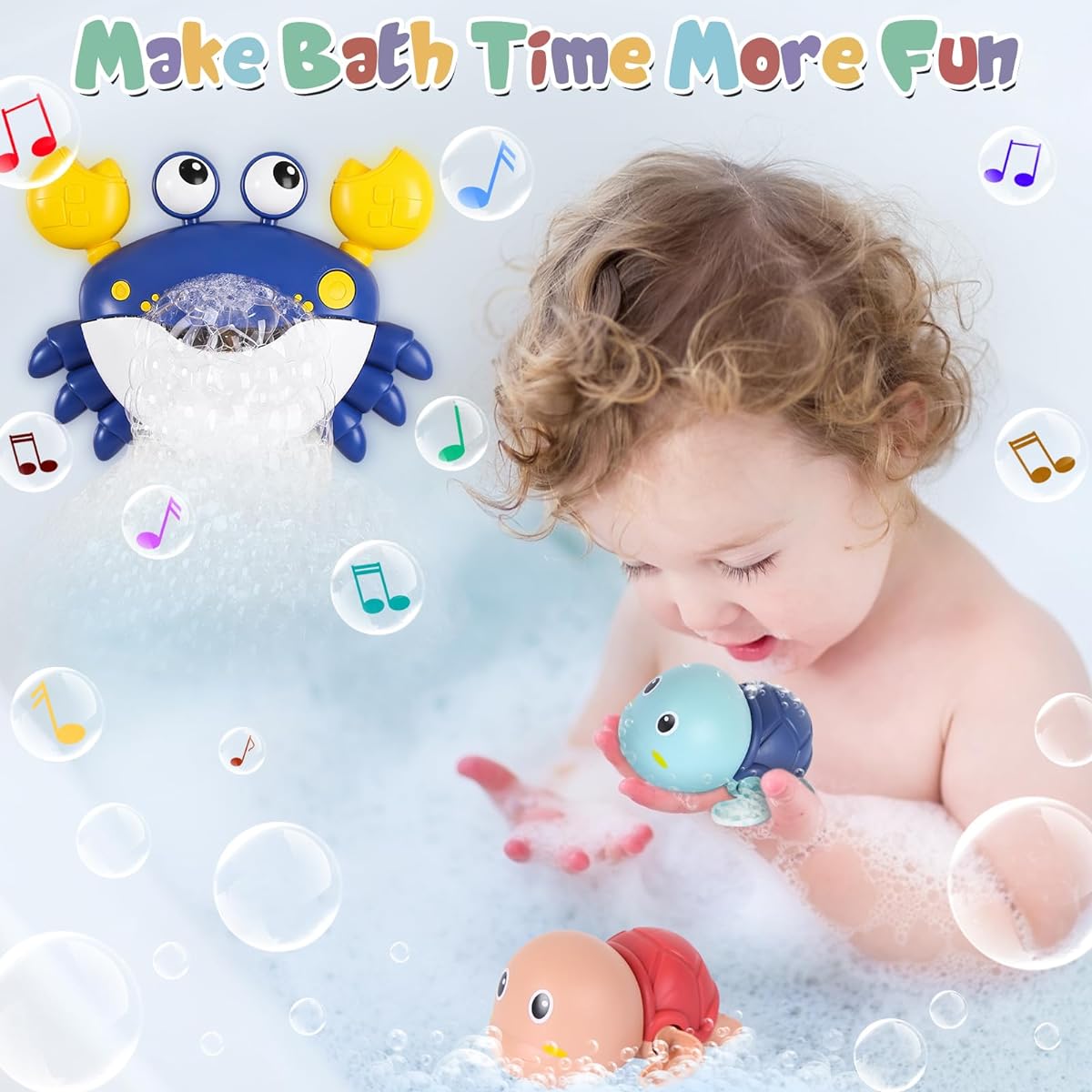 Baby Bath Toys Crab Bath Bubble Maker Machine 2 Pack Wind Up Turtle Bathtub Toys for Toddlers Birthday Halloween Kids Boys Grill (Blue)