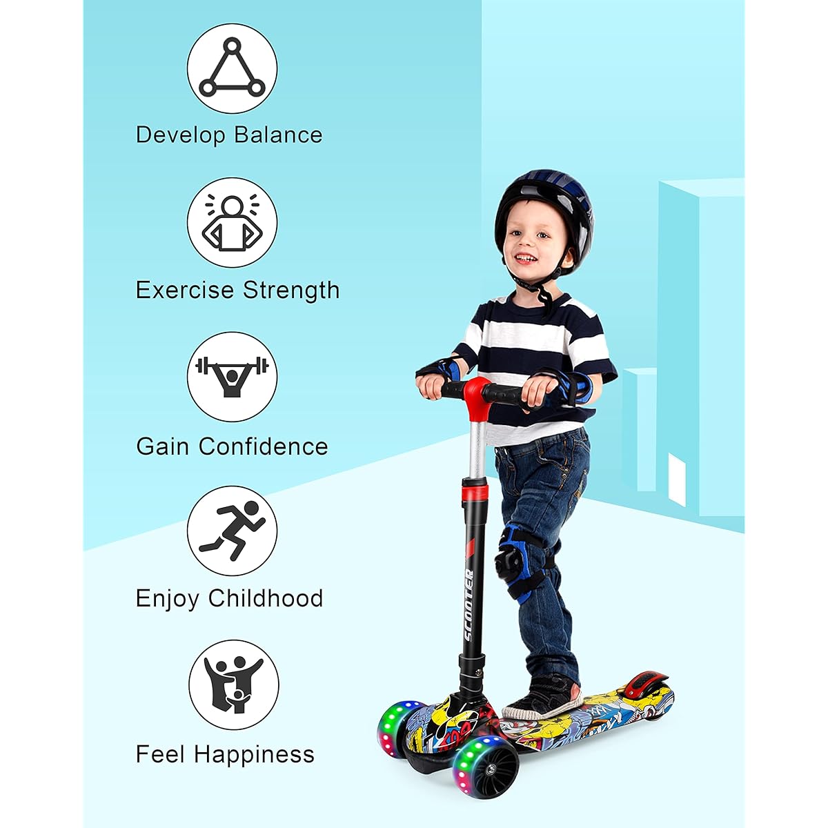 SISISIGAD Kids Scooter, Toddler 3 Wheel Scooter for Boys and Girls, Foldable Scooter with Flashing Wheels, Adjustable Height, Safety Brake, Suitable for Kids Ages 3-10