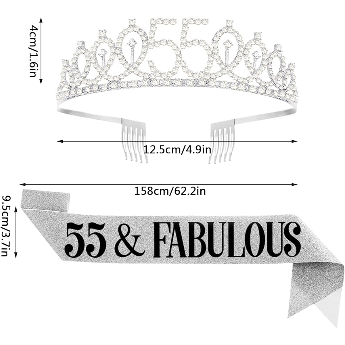 UVATAHONA 55th Birthday Sash and Tiara for Women 55 & Fabulous Sash and Crown 55th Birthday Decoration Gift for Women Queen Party Favors Supplies Silver