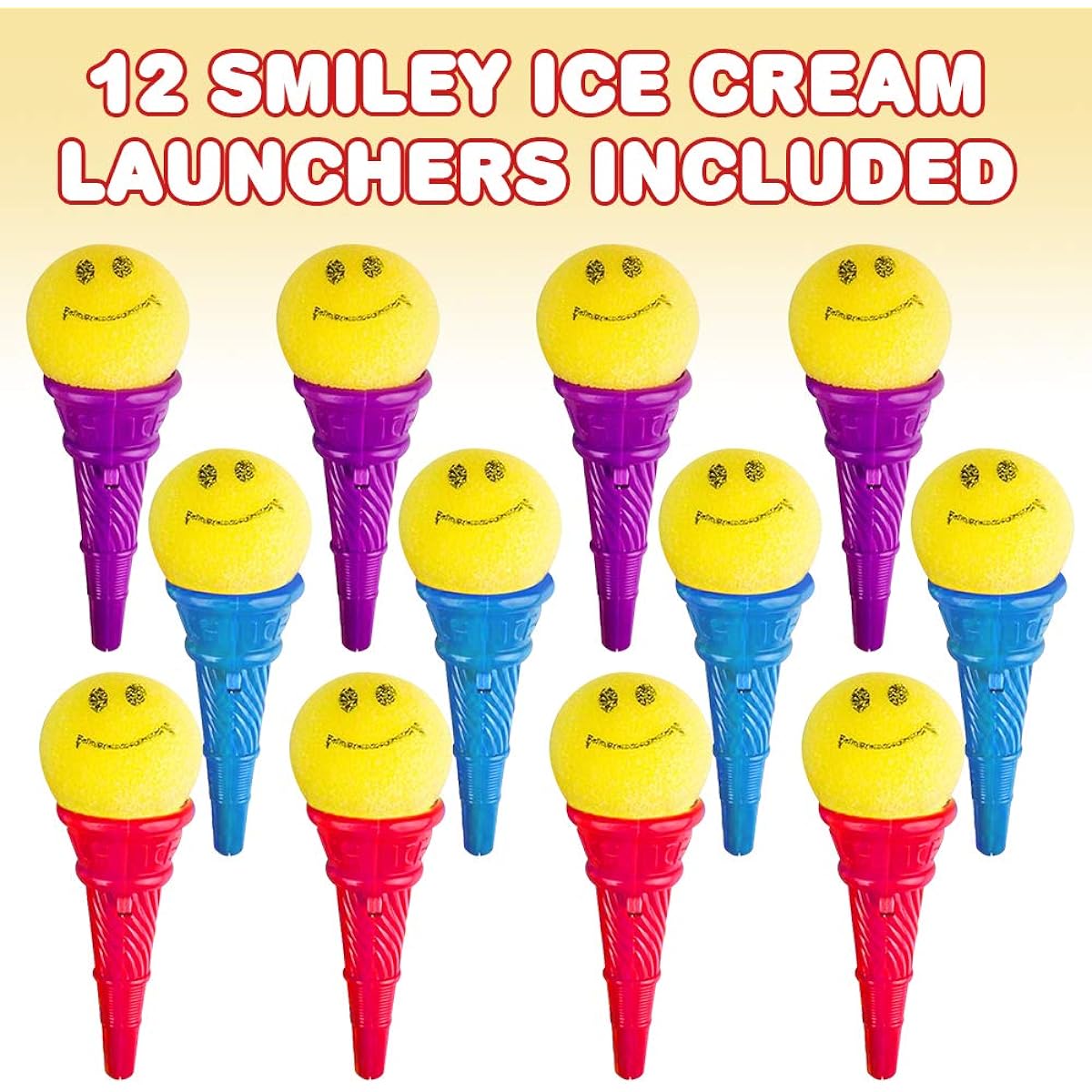 ArtCreativity Smile Face Ice Cream Launcher - 12~4.75'' Classic Ice Cream Cone Foam Ball Launcher, Birthday Party Favors, Goodie Bag Fillers for Kids, Carnival Prizes