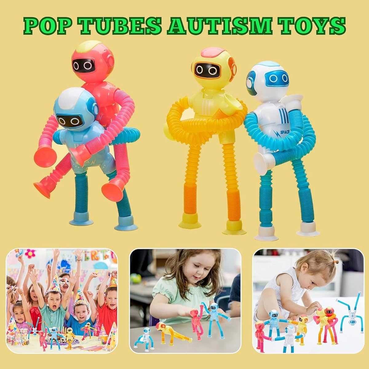 4 Pieces LED Telescopic Suction Cup Robot Toy Robot Telescopic Tube Shape Changing Telescopic Tube Fidget Toy Pop Tube Fidget Tube Sensory Toys for Girls Boys (Robot)
