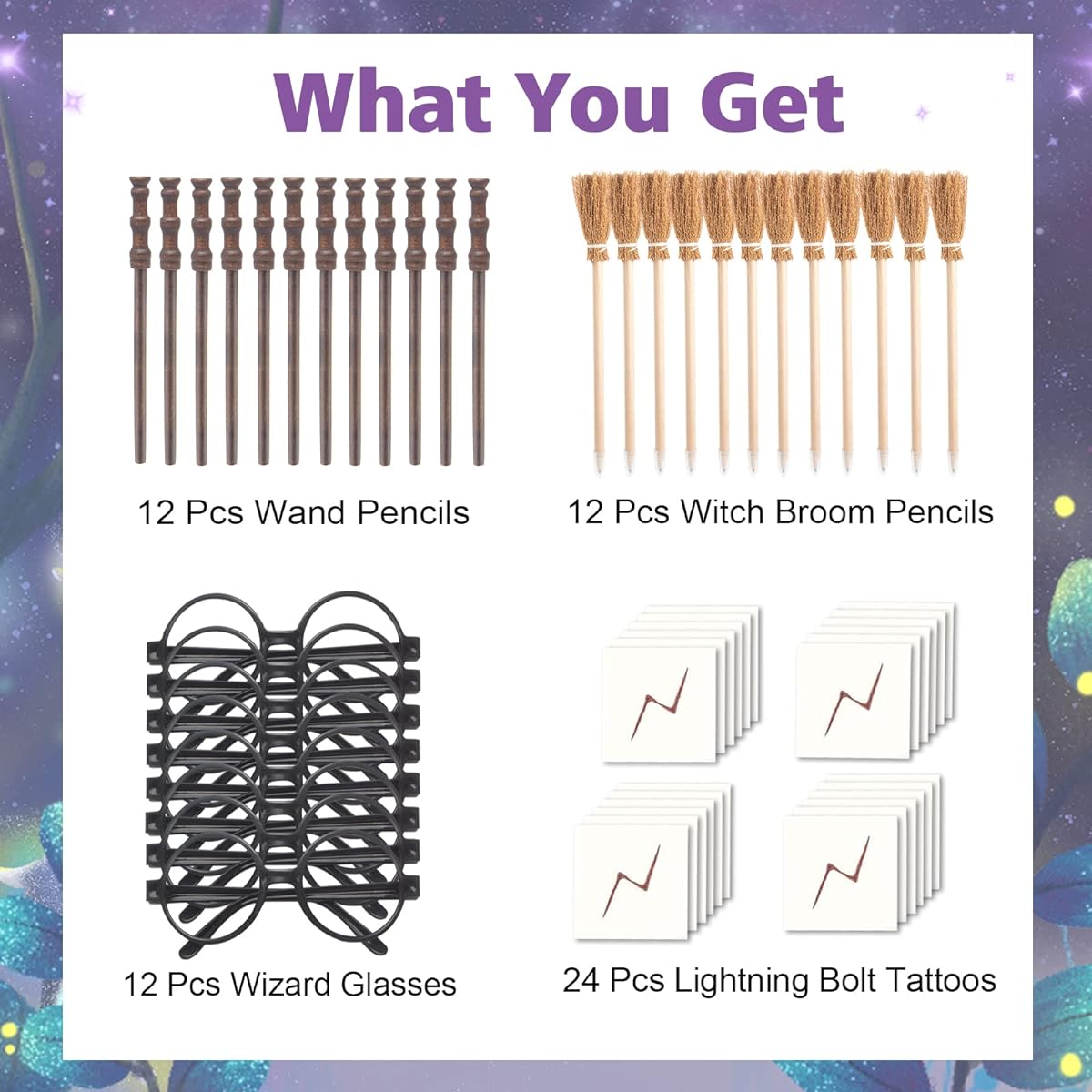 Wizard Party Supplies Set - 12pcs Wizard Glasses with Round Frames, No Lenses, Witch Broom Pencil, Magic Wand Pencil and Lightning Scar, Temporary Tattoos Theme Birthday Halloween Cosplay Costume Party Decoration