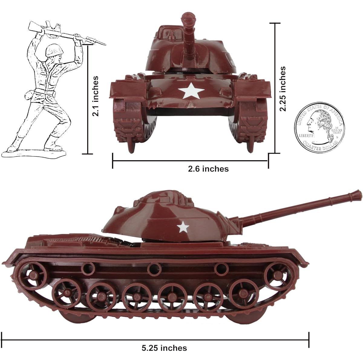 TimMee Toy Tanks for Plastic Army Men - Rust Brown WW2 3pc - Made in USA