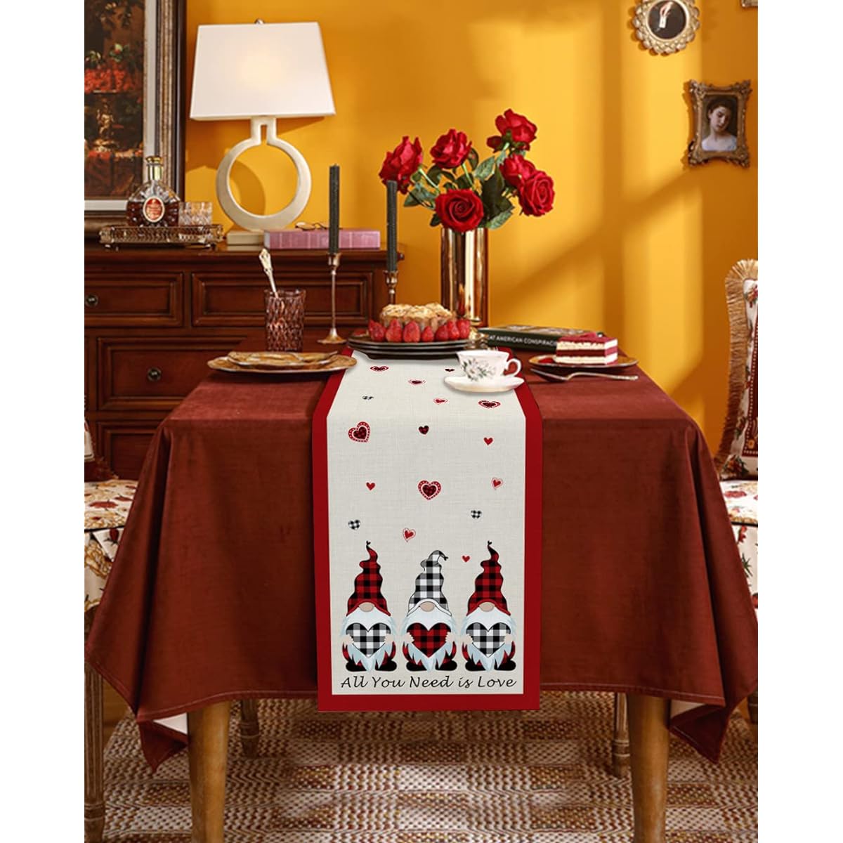 Ldtrchee Valentine Table Runner Cotton Linen 120 Inch Valentine's Day Gnome Bed Runner Dress Scarf Buffalo Check Love Heart Table Runner for Dining/Holiday/Coffee Table 13" x 120"