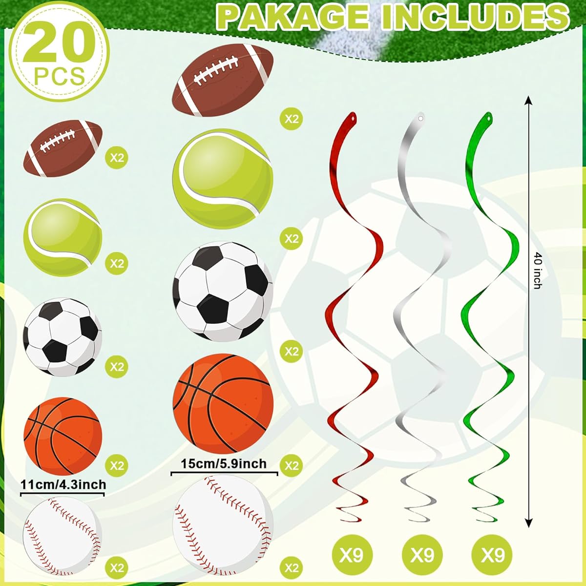 47pcs Sports Party Decorations Hanging Swirls Sports Theme Party Supplies Birthday Basketball Baseball Football Soccer Cutouts Foil Streamers Wall Ceiling Hanging Spiral Decorations for Boys Kids Men
