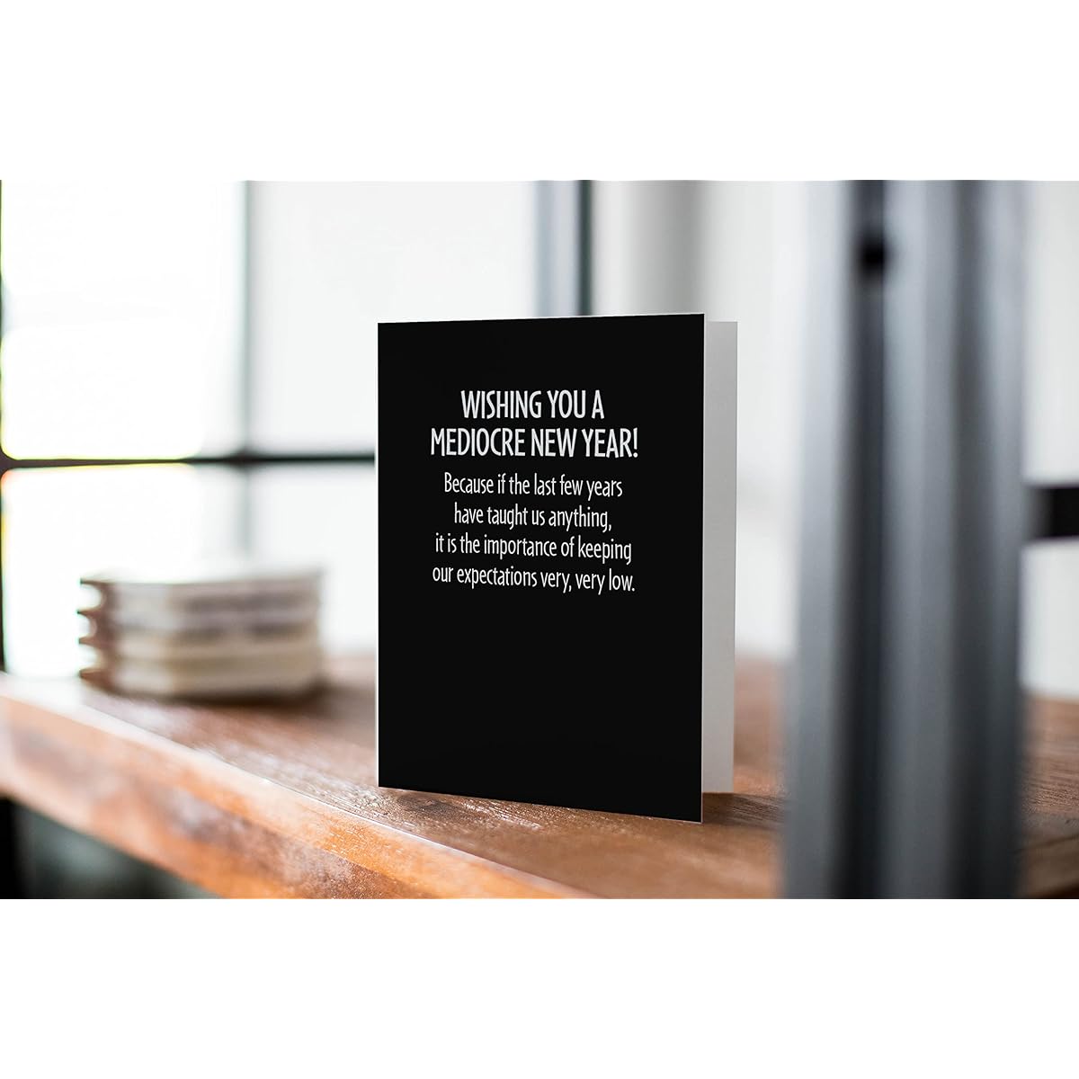 Modern Wit Funny New Year Cards with Envelopes, Funny Christmas Cards Box with Envelopes, 8 Happy New Year Cards, 4.25 x 5.5 Inch, in Greeting Card Box, Blank Inside, Wishing You A Mediocre New Year Because After The Last Few