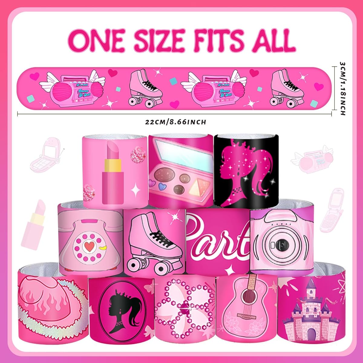 48pcs Pink Girl Slap Bracelets Wristbands Hot Pink Party Favors Decorations for Kids Girls Women Adults Hot Pink Princess Birthday Party Pink Party Bachelorette Party Gift Bag Stuffing