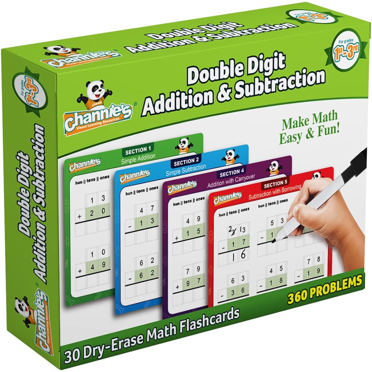 Channie's 30 2-Digit Addition and Subtraction Flash Cards for Kids, Educational Math Flash Cards Perfect for Grades 1-3, Level 2 Color Coded Cards, 360 2-Digit Problems