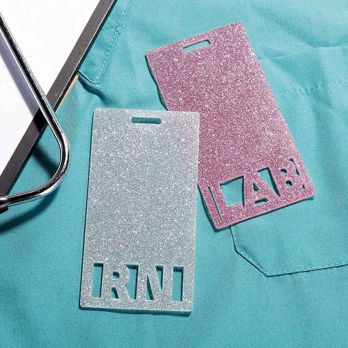 Getname Necklace Badge Buddy Vertical and Horizontal | Custom Acrylic Glitter Badge Buddy | Nurse Badge Buddy RN | Personalized Badge Back | Nurse ID Decoration | Doctor Gifts Nurse Gifts, Acrylic, Cubic Zirconia