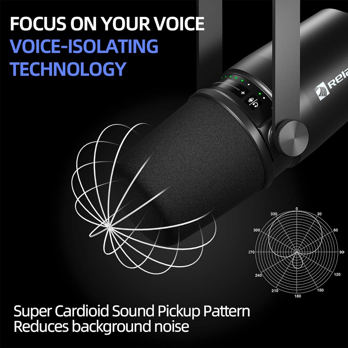 RELACART PM2 USB/XLR Vocal Dynamic Podcast Microphone for Podcasts, Live Streaming, Studio Recording, Voiceovers, All-Metal Cardioid Mic with Built-in Headphone Output, Voice Isolation Technology, Black