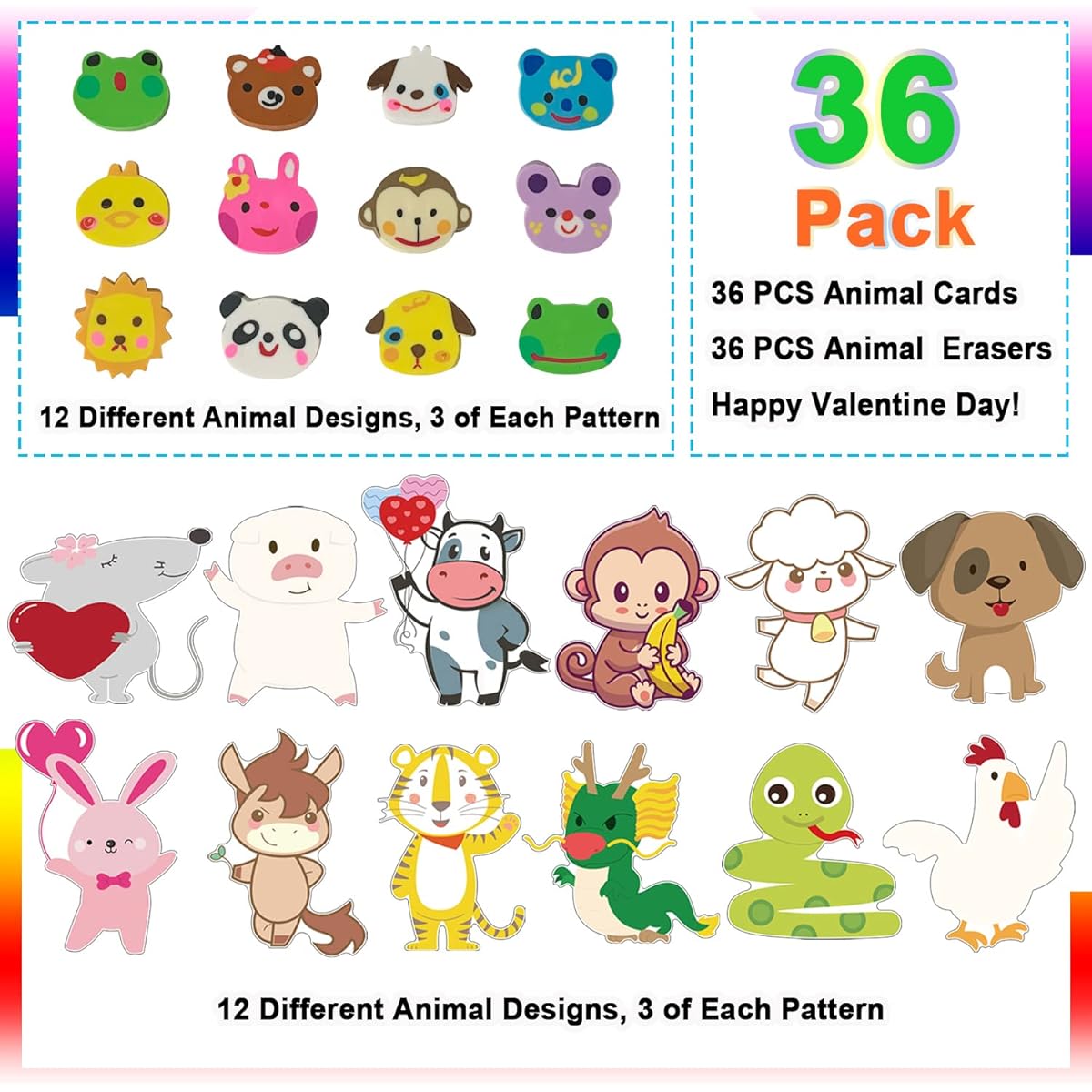 JIALWEN 36 Pack Valentine's Day Cards for Kids with Eraser Valentine Animal Theme Exchange Cards for Girls Boys School Classroom Gifts Party Favors