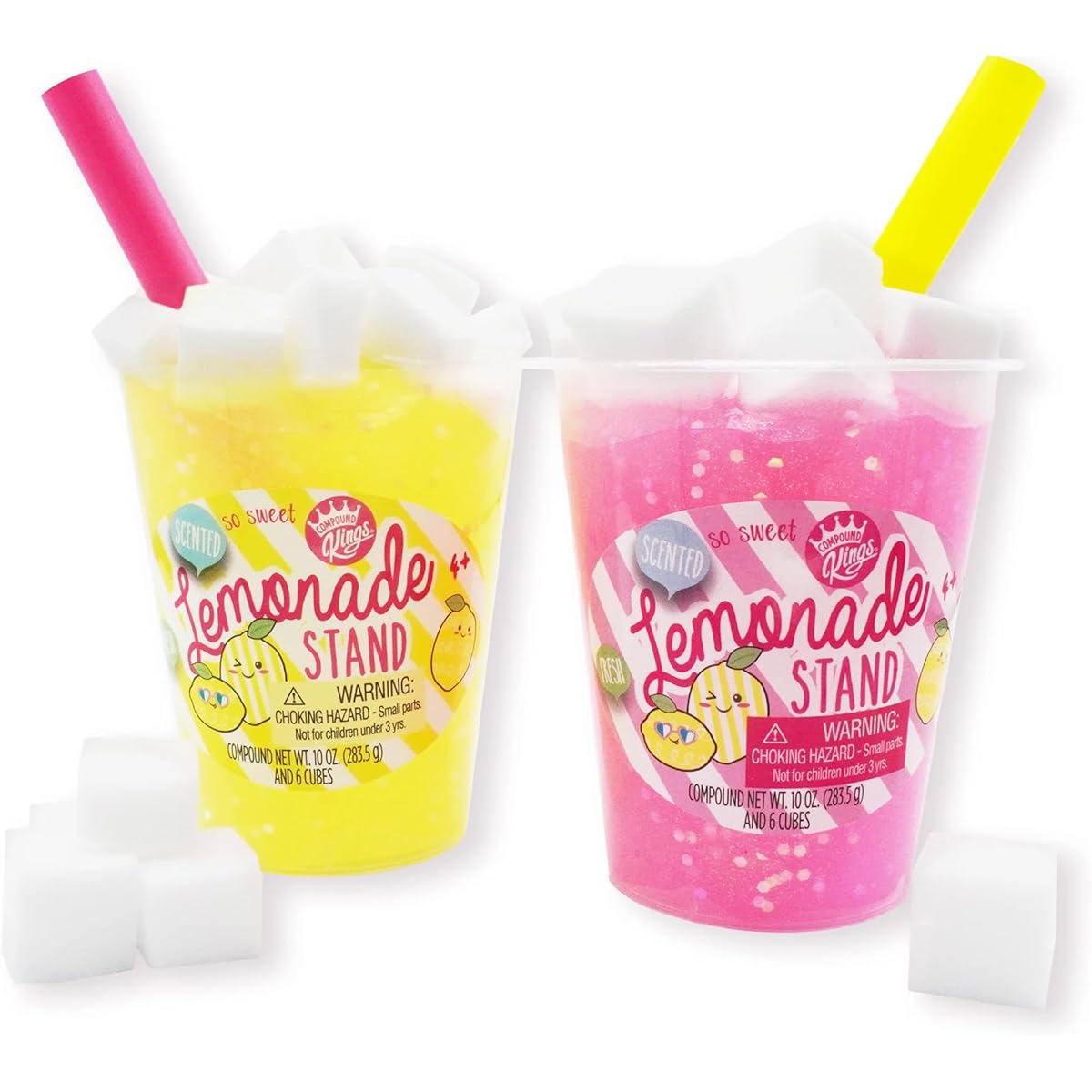 Compound Kings Summertime Lemonade Stand 2 Pack Jelly Cubes Fluffy Slime Cups Pink and Yellow Set