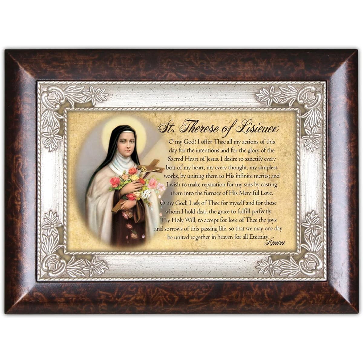 Saint Therese of Lisieux Dark Wood Finish Jewelry Music Box Plays Tune Ave Maria