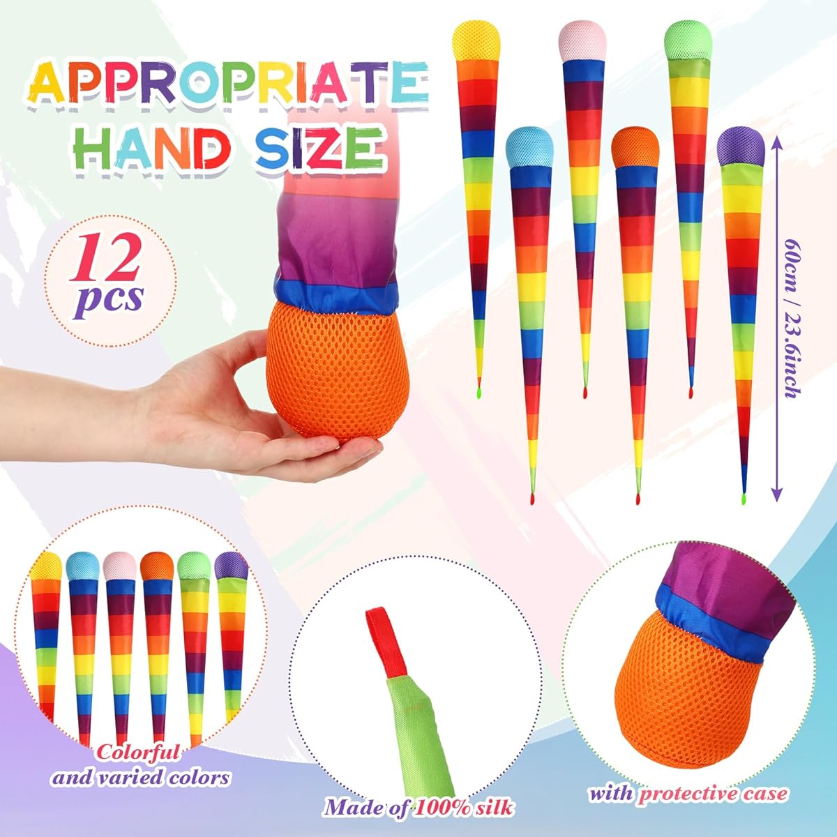 Leyndo 12 Pcs Throw and Catch Ball with Rainbow Tail Soft Rainbow Play Ball Sports Comet Ball Playground Toy Bulk Indoor Outdoor Game Activity Fun Throwing School 25.59" Length