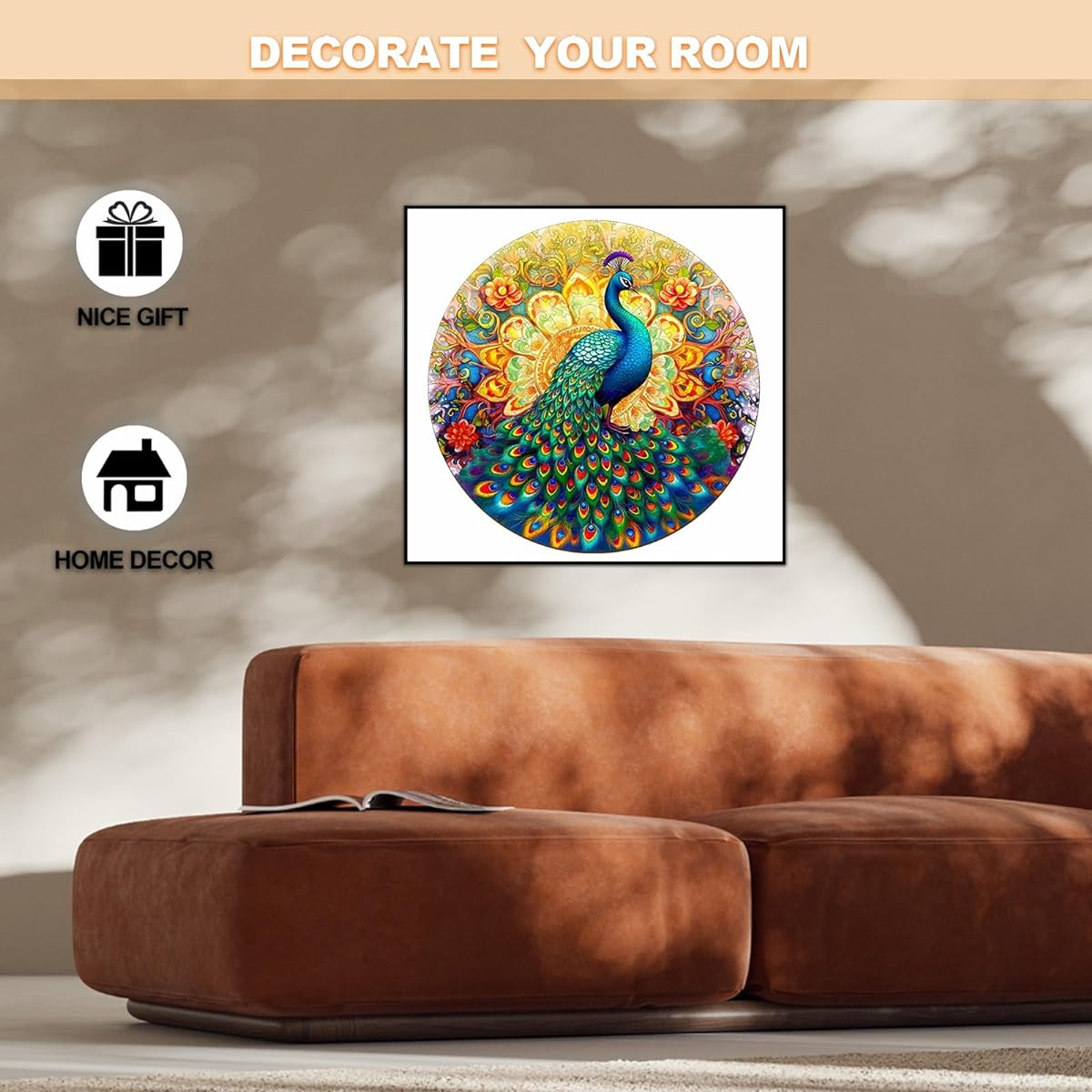 Wooden Puzzle for Adults Mandala Peacock Wooden Puzzle Unique Color and Shape Wooden Jigsaw Puzzle Perfect for Christmas Birthday Gift (M-11.8 x 11.8 Inch 200 Pieces)