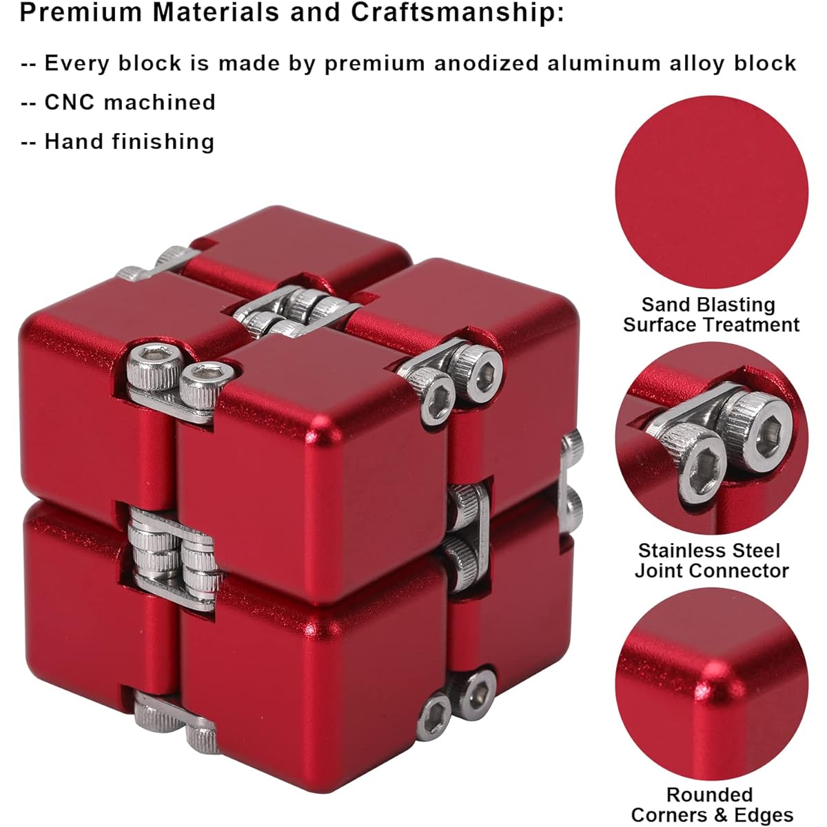 Lifidea Aluminum Alloy Metal Infinite Cube Fidget Cube (5 Colors) Red