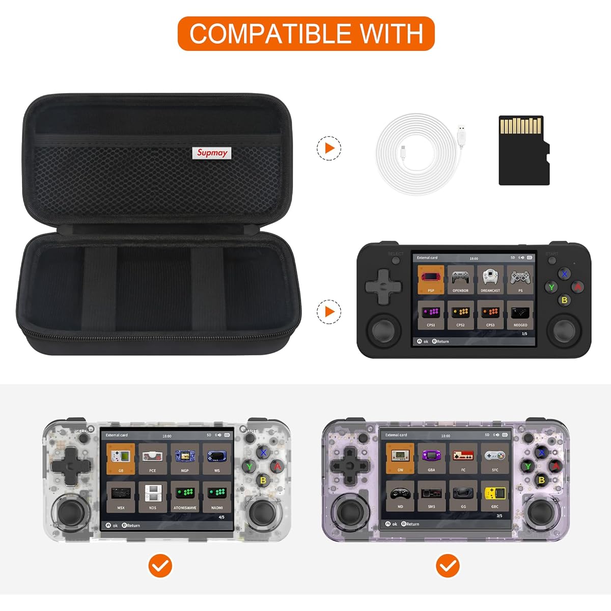 Supmay Hard Carrying Case Compatible with Beijue 16 Bit Handheld Games, Retro Video Game Protective Case with Mesh Pocket for USB Charging, Black