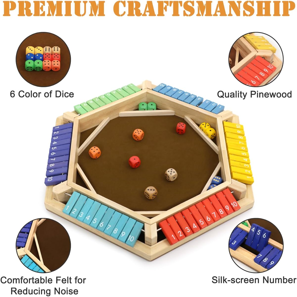 plusvivo Shut The Box Game for 1-6 Players Wooden Board Dice Game with 14 Dice for Kids and Adults Classic Tabletop Math Strategy Game for Family/Home/Classroom/Pub