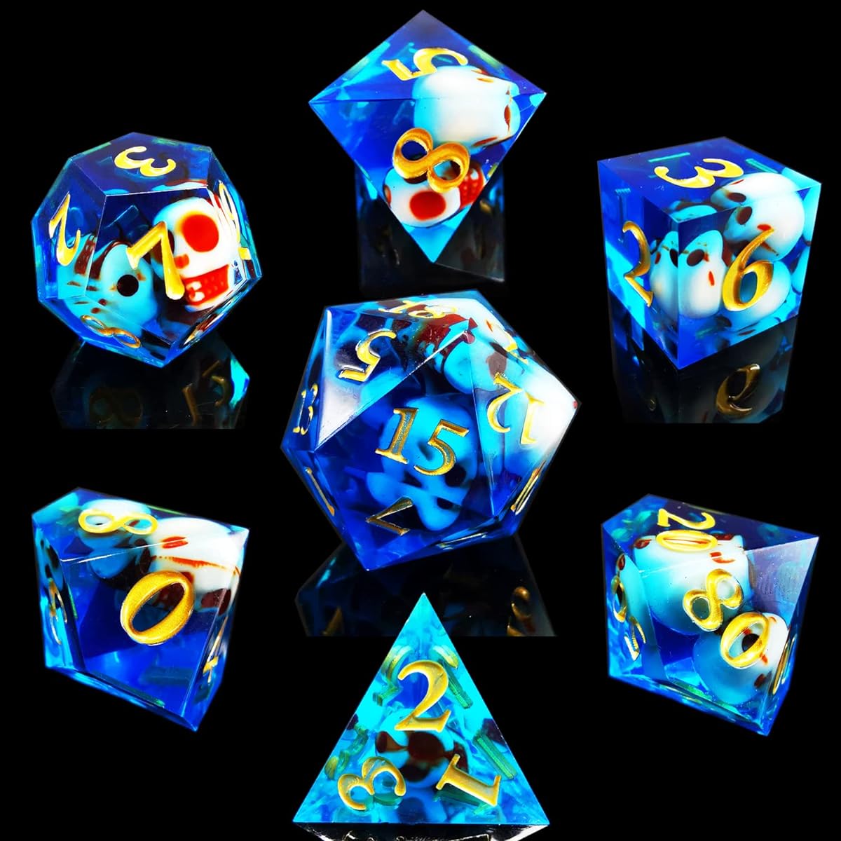 HAOMEJA DND Skull Resin Dice Set Handmade Designer 7 Dice Polyhedral RPG Dice Set with Sharp Edges for Tabletop RPG Player Galaxy Series (Skull Blue)