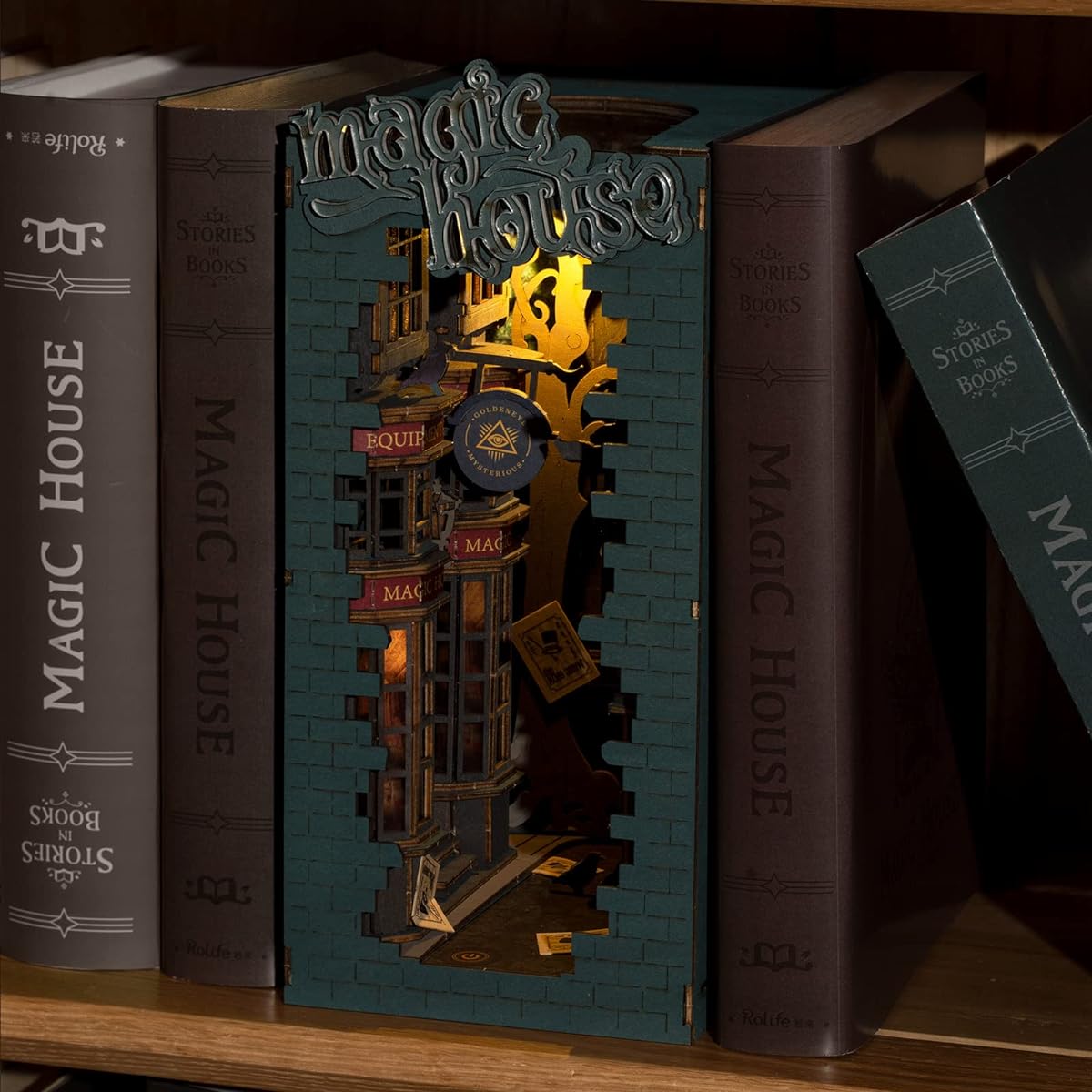 Rowood Book Nook 3D Wooden Puzzle DIY Bookshelf Insert Decorative Building Set Model Kit with LED Lights for Adults Kids Magic House