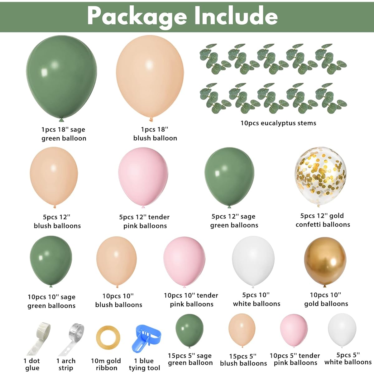 126pcs Sage Green Pink Balloon Garland Arch Kit with Olive Sage Green Balloons Birthday Baby Shower Decorations Blush Nude White and Gold Confetti with Artificial Eucalyptus for Wedding Safari Party