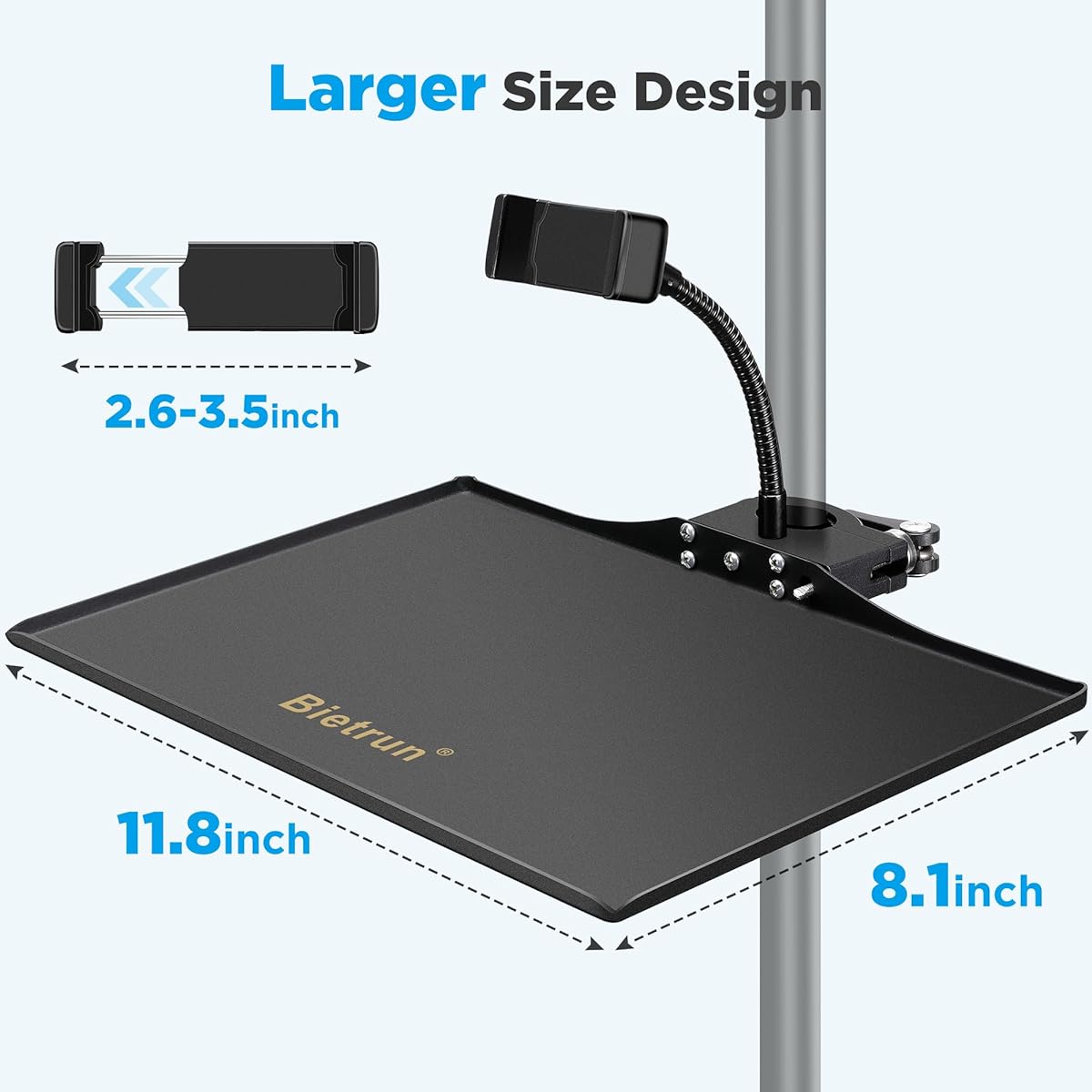 BietrunPro Metal Microphone Stand Tray Large (11.8" x 8.1") Universal Adjustable Microphone Stand Tray with Cell Phone Holder Super Solid Clamp-on Tray for Music Stand Pick Capo Tuner Singing, ZJTP01