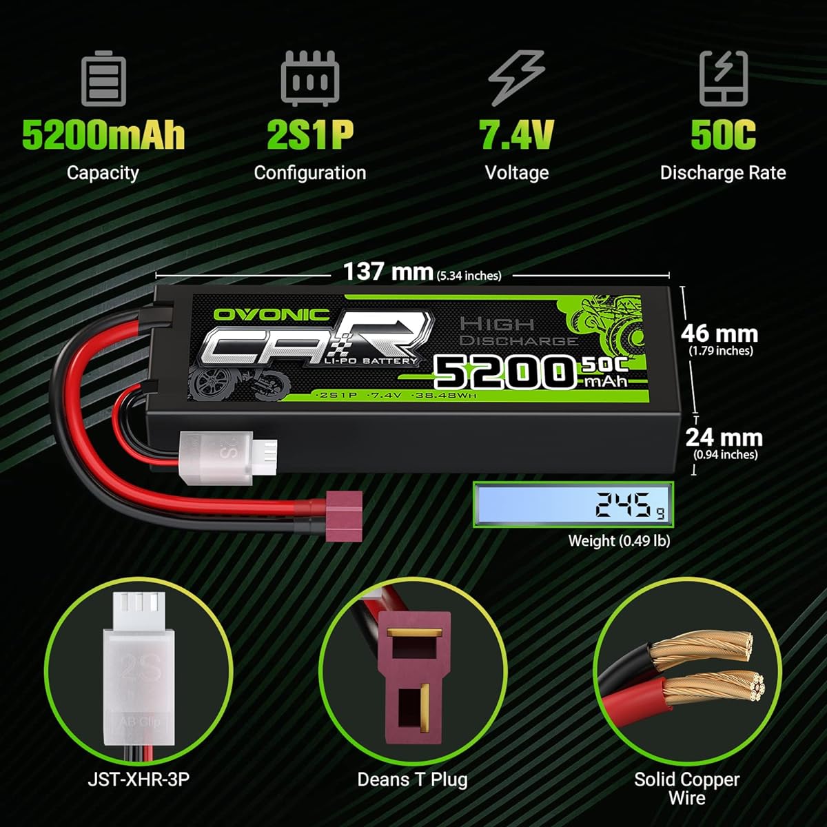 Ovonic 50C 2S 5200mAh 7.4V Lipo Battery with Deans Connector for 1/10 RC Short Course Monster Truck Crawler and 1/8 Scale Truggy