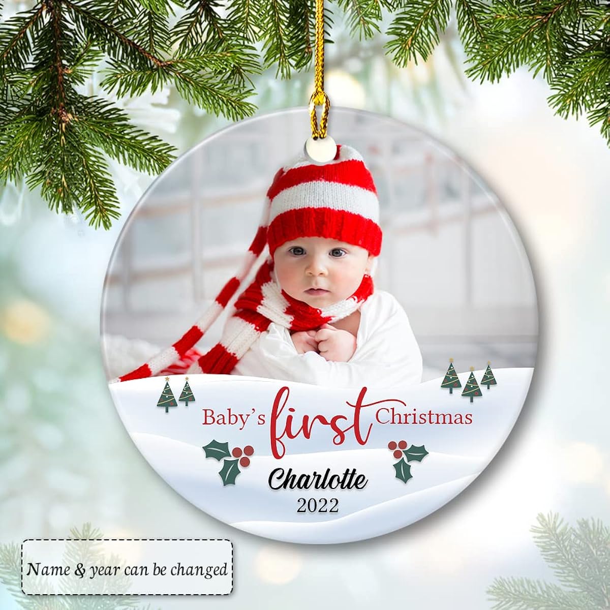 SANDJEST Customized Baby Photo Ceramic Ornament 2022 For Baby/Girl/Lover 1st Christmas Baby Christmas Tree Decoration Circle Ornament