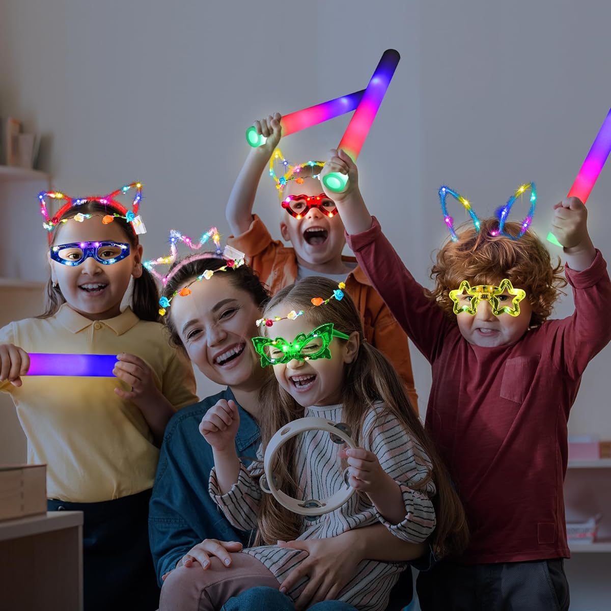 Ceenna 175pcs Light Up Party Favors Set, 25pcs LED Glasses, 25pcs LED Foam Sticks, 5pcs Ear Light Up Headbands, Light Up Flower Crown, 100 Glow Stick Bracelets Glow in the Dark Party Accessories (Creative)