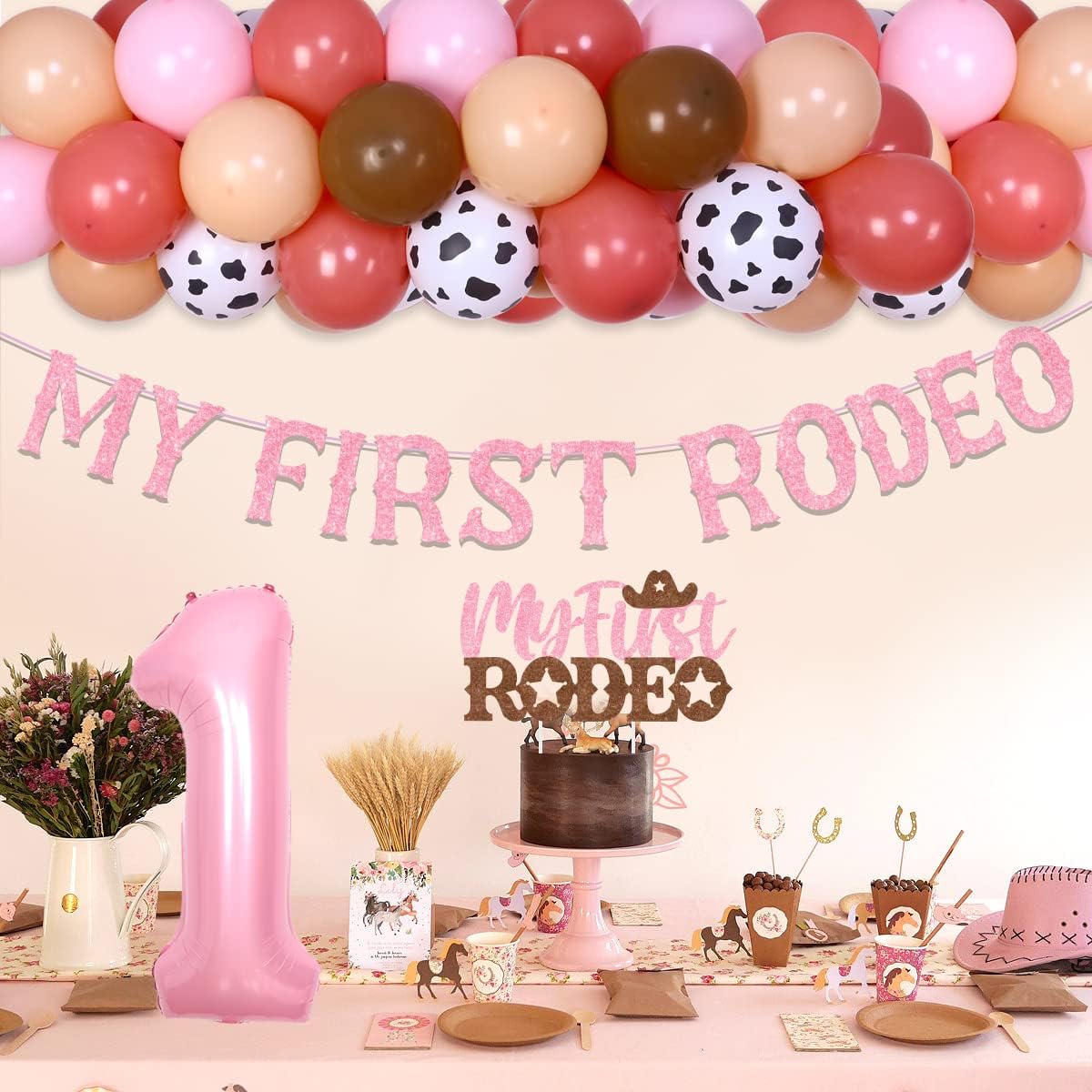 kreat4joy Cowgirl 1st Birthday Party Decorations First Rodeo Birthday Party Decorations My First Rodeo Banner Cake Topper Cowgirl 1st One High Chair Banner Pink Balloon Arch for Girl 1st Birthday