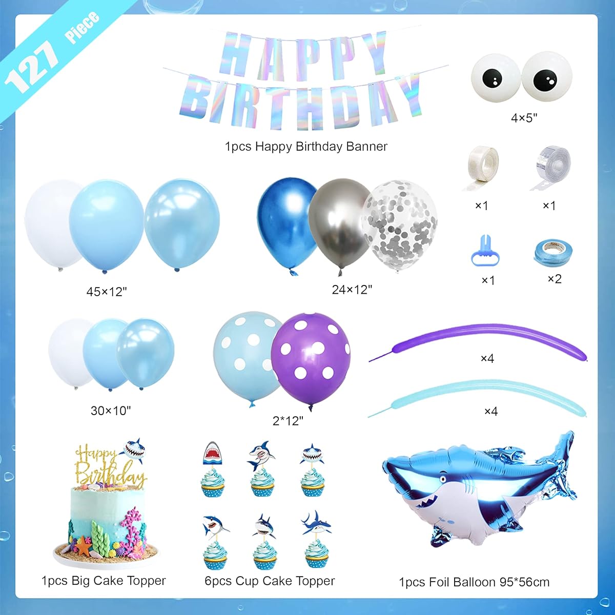 Liliville Shark Party Decorations Supplies - Blue Silver Balloon Garland/Arch Kit with Foil Shark Balloons Birthday Banner Cake Topper Cupcake Toppers for Baby Shower Kids Birthday Party Shark Party Under The Sea Party Boys Party 126pcs(Blue)
