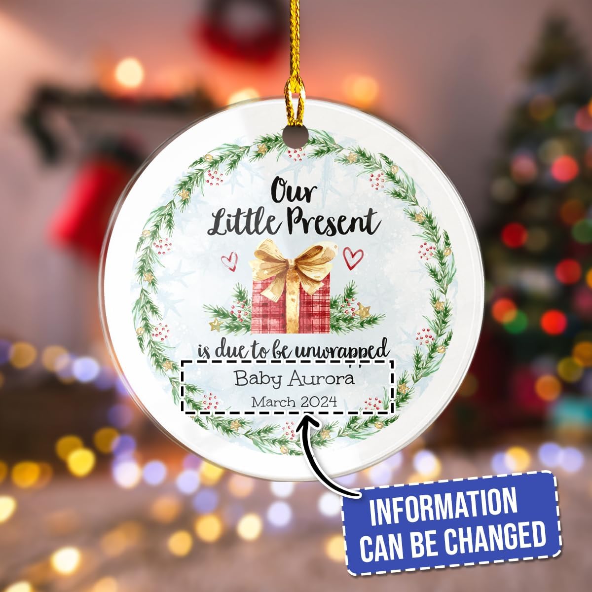Wassmin Personalized Christmas Ornaments for Pregnant Women 2021 Customized "Our Little Present is Due to Be Unwrapped" Acrylic Plastic Ornament First Christmas Ornament Anticipating Bump to Baby Gift for Parents