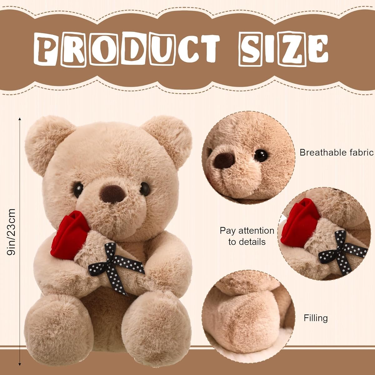 Jexine 12pcs 9" Stuffed Animal Bear Doll Plush Toy Small Bear Stuffed Animal with Rose for Girlfriend/Wedding Gift/Baby Shower/Birthday Party/Favors, 3 Colors