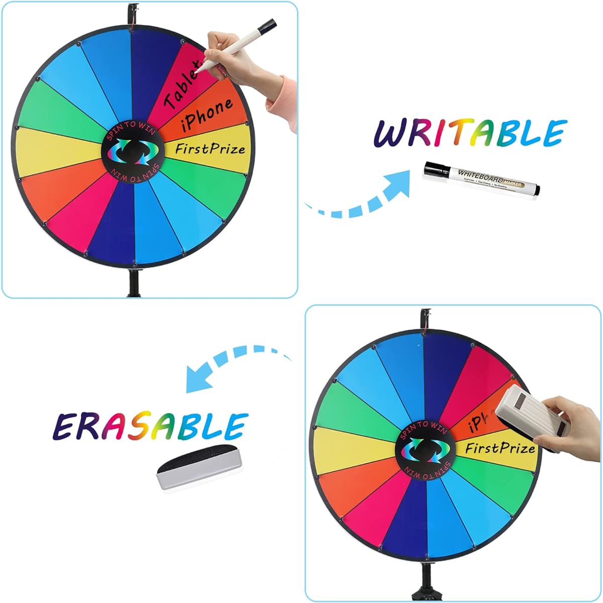 iElyiEsy 24" Spinning Prize Wheel of Fortune with Folding Tripod Floor Stand, Adjustable Height, 14 Slots, Spin Wheel, Dry Erase Marker & Eraser for Carnival Trade Show