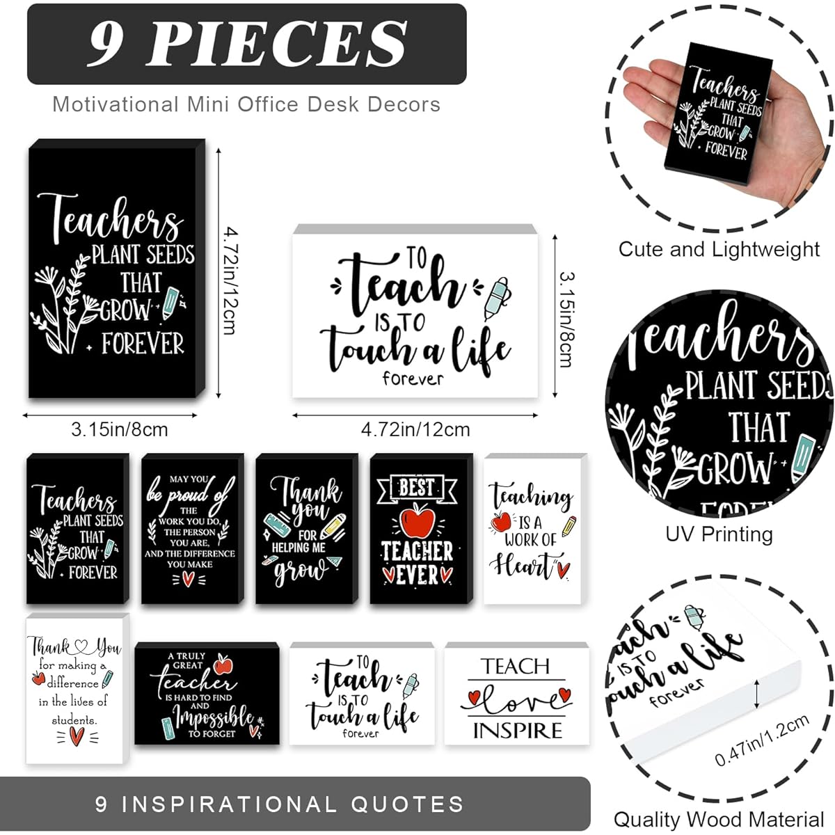9 Pieces Mini Inspirational Wooden Signs Teacher Office Desk Decor, Teacher Appreciation Day Gift, Year-end Teacher Gift, Bathroom Shelf Decoration, Cheer Up Gift for Preschool (Black and White)