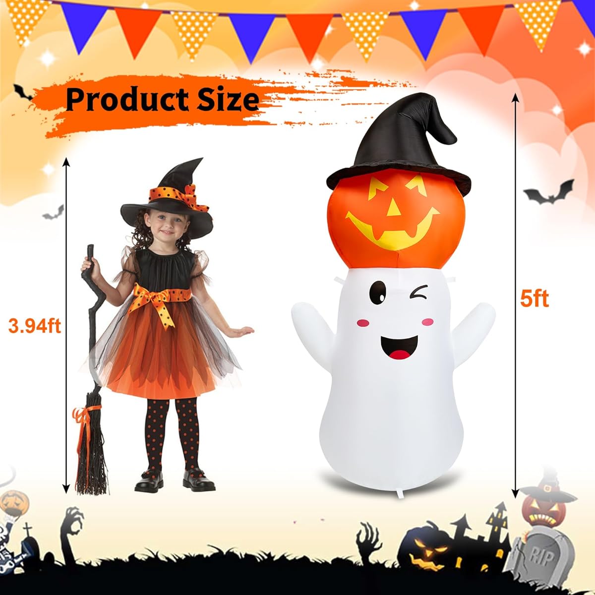 RRRPIO Halloween Inflatable Outdoor Decoration Inflatable Pumpkin Ghost Lantern with Built-in LED Light 5ft Inflatable Garden Decor Party Yard Lawn Indoor Ornament Orange (WJL0262-26)