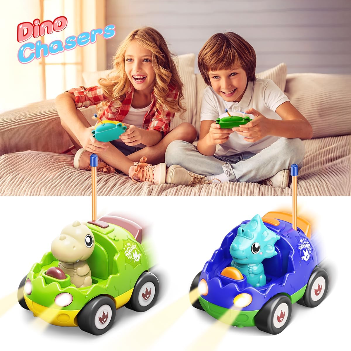 Kidz do Dinosaur Remote Control Car 2 Pack for Ages 3 4 5 6 RC Car Toys with Music Lights Sound Effects Easter Christmas Birthday Gift for Boys Kids Family Fun (Green & Blue)