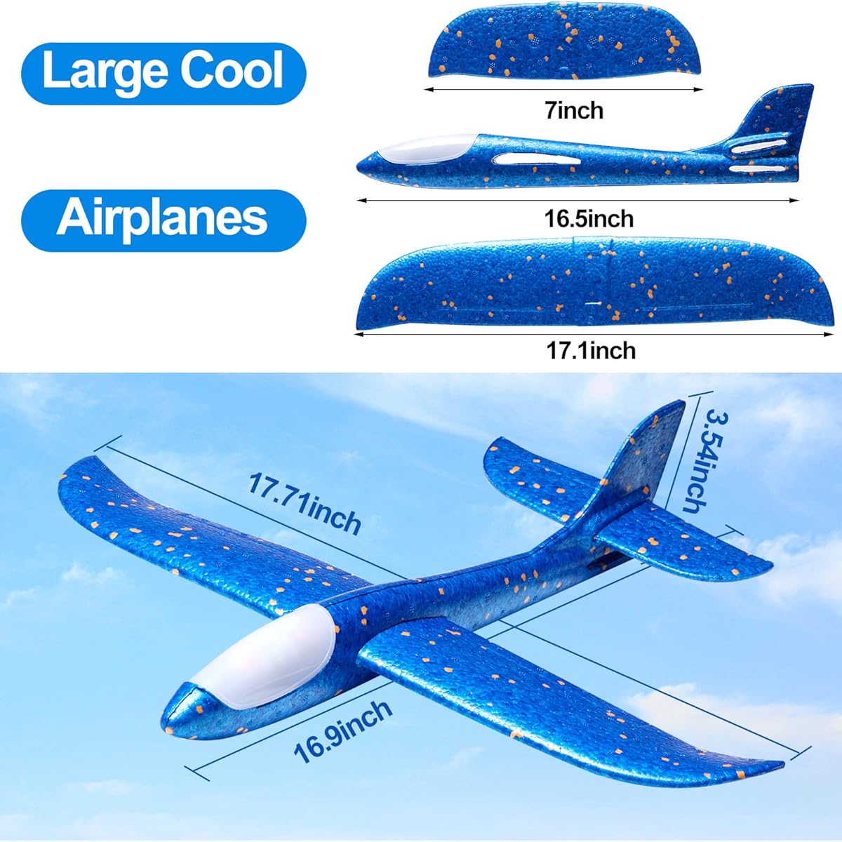 Foam Airplane Toy LED Foam Glider Airplane 17.5 Inch Large Throwing Foam Airplane 2 Flight Modes Glider Flying Toy for Kids Birthday Gift 3 4 5 6 7 8 9 Years Boys Girls Outdoor Sports Party Favor 3 Pack