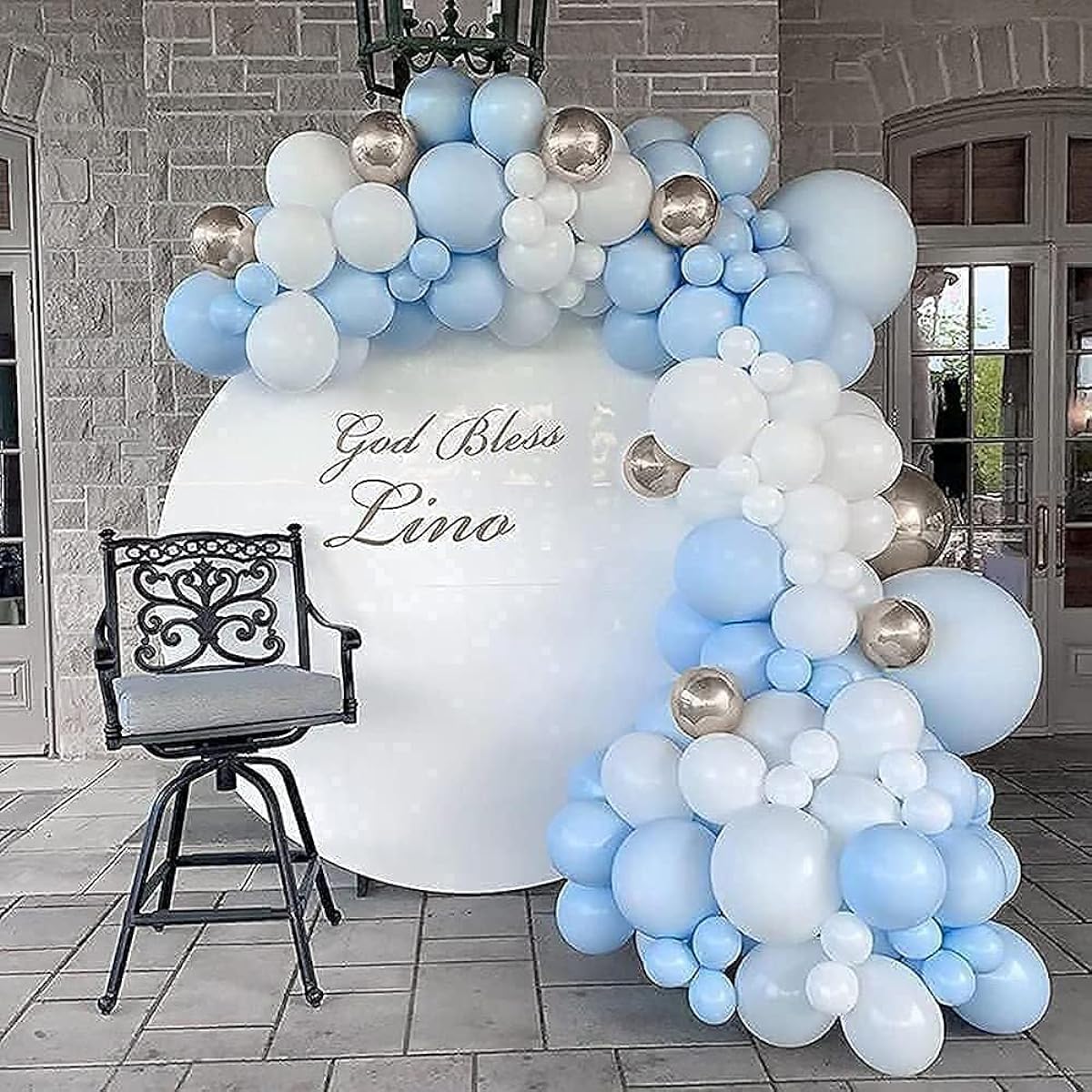 FLORA GRACE Balloon Garland Arch Kit - 146 Pieces Stunning Baby Blue Silver and White Party Decorations - Latex Balloon Strip Tape & Glue Dots for Birthday, Wedding, Baby Shower, Events
