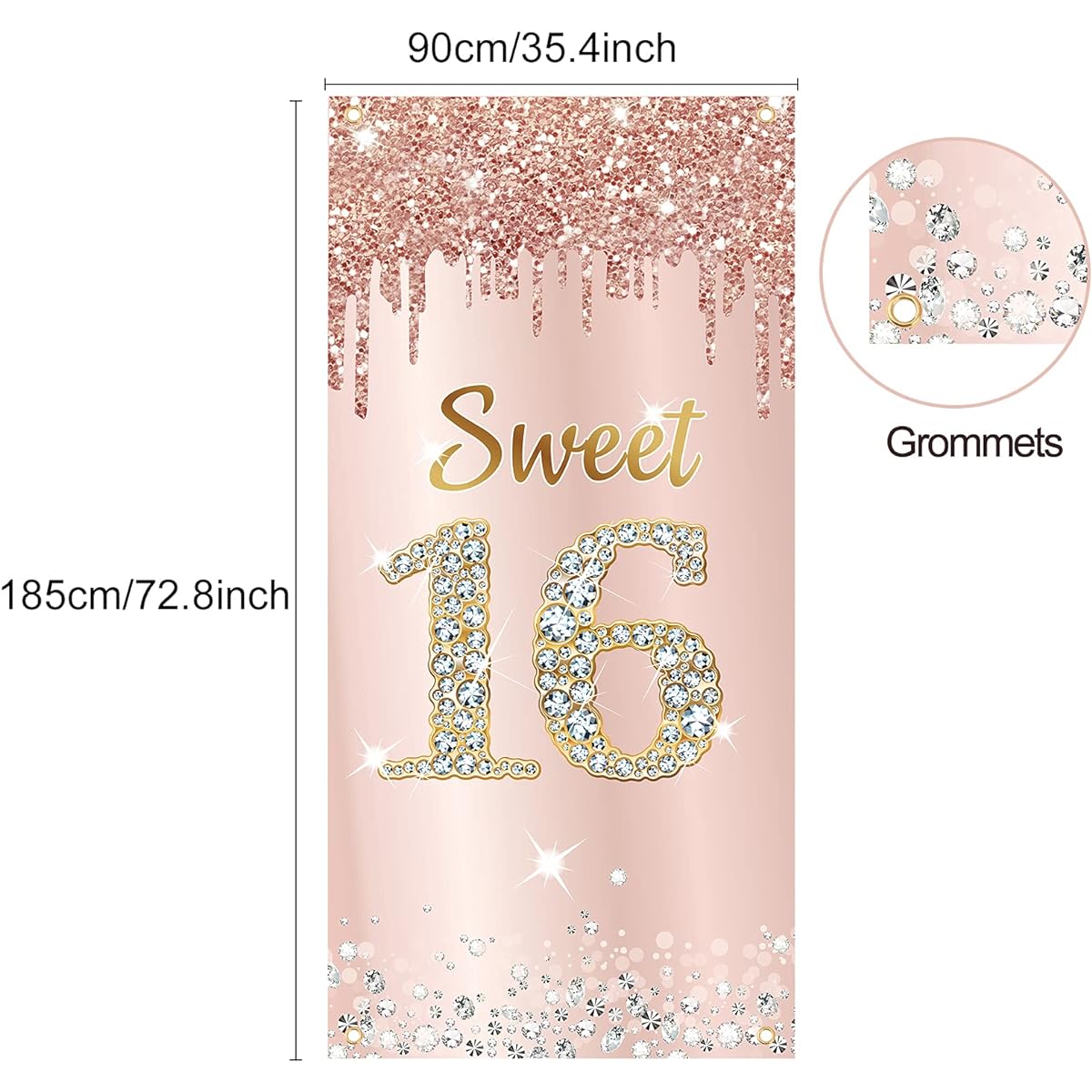 Sweet 16th Birthday Door Banner Backdrop Decoration for Girls Pink Rose Gold Happy 16th Birthday Party Door Cover Sign Supplies 16th Birthday Poster Photo Booth Props Decor