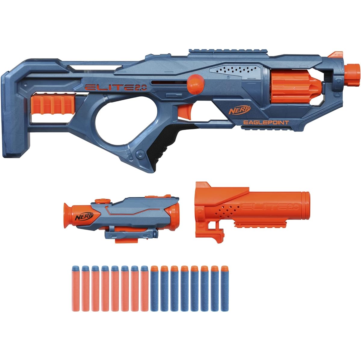 NERF Elite 2.0 Eaglepoint RD-8 Blaster - 8 Dart Drum, Removable Scope and Barrel, 16 Official Elite Darts, Bolt Action