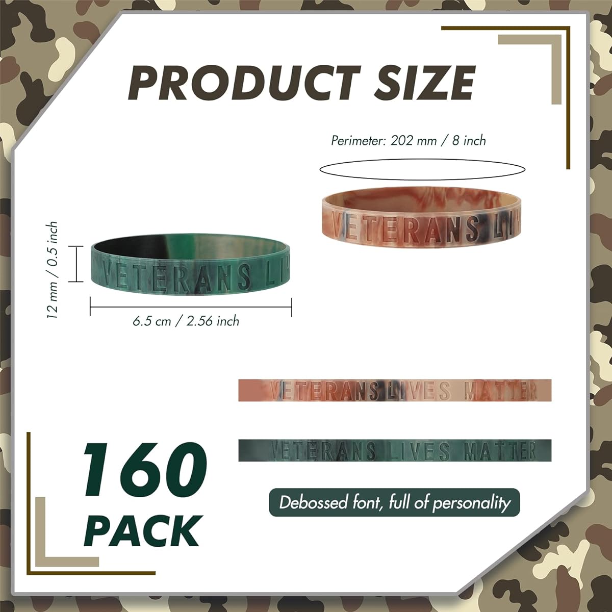 Veterans Lives Matter Wristband Bracelets, Camouflage Army Rubber Bracelets, Camo Silicone Military Bracelets for Men and Women, Veterans Day Memorial Gifts, Green and Yellow, 160 pcs