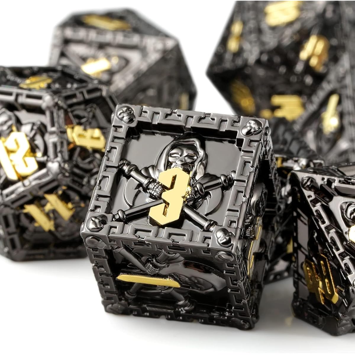 Grim Reaper Metal DND Dice Set Dungeons and Dragons D&D RPG Polyhedral Dice Box Set D20 D12 D10 D8 D6 D4 (Black and Gold Numbers)